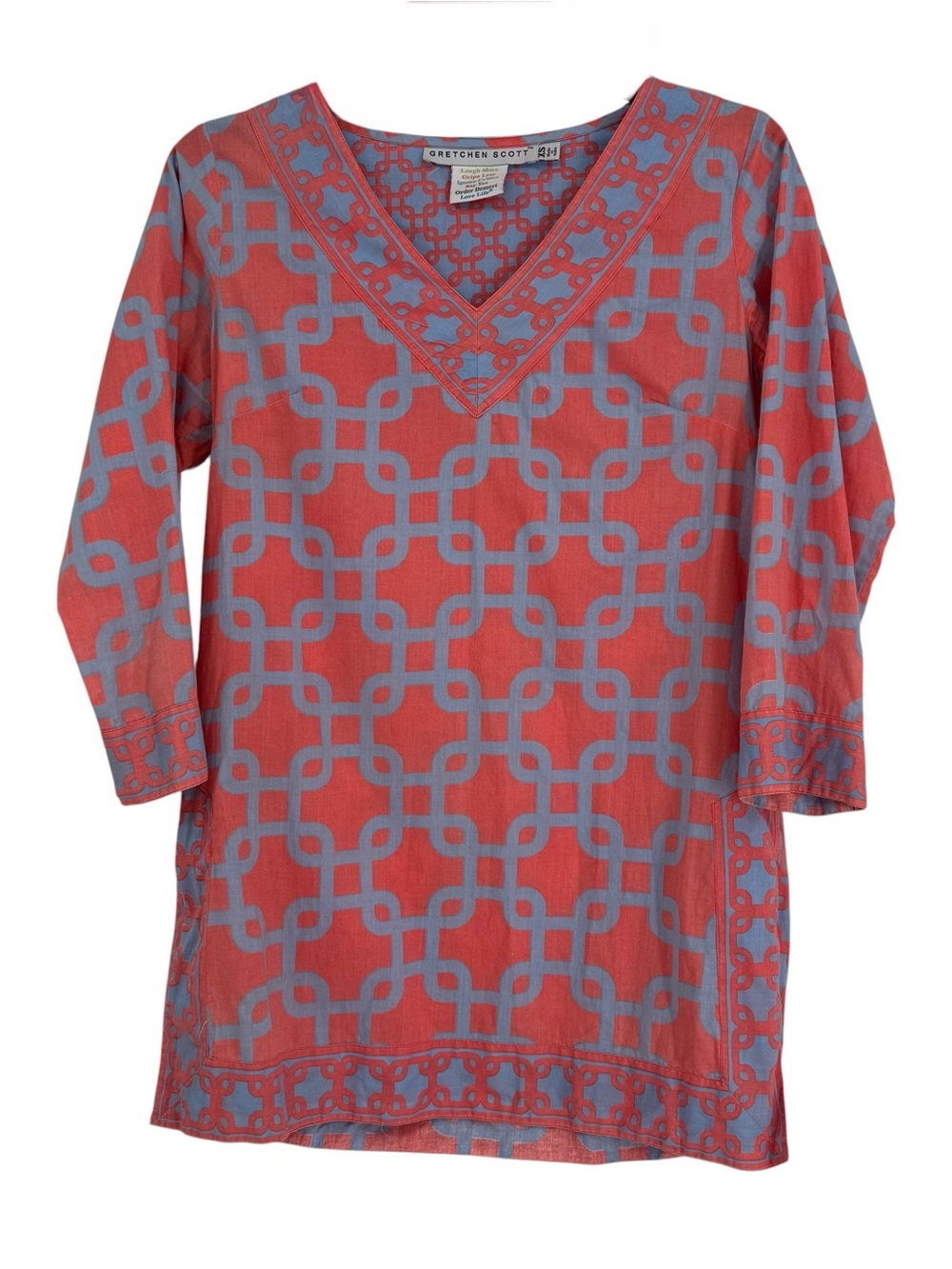 Gretchen Scott Top Size XS Orange & Grey Print Cotton V Neck Split Hem Tunic
